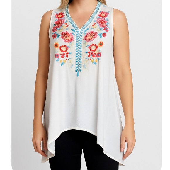 Sweet Jane top blouse embroidered top asymmetrical hem floral mixed media SZ L - Picture 1 of 9
